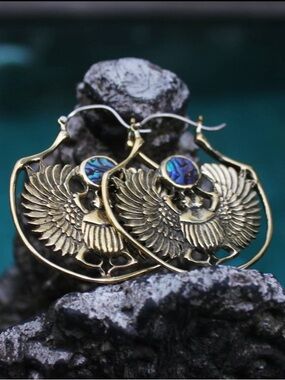 Solid Brass Egyptian Scarab Hoop Earrings with Iridescent Abalone